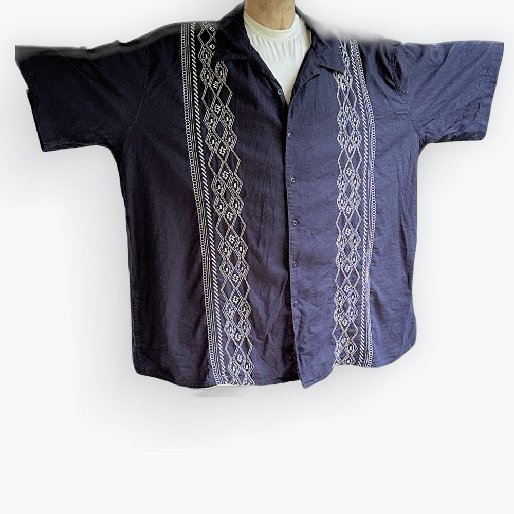 Navy Blue Linen Shirt With White Embroidery Travel Euro Summer ~ 3XL
